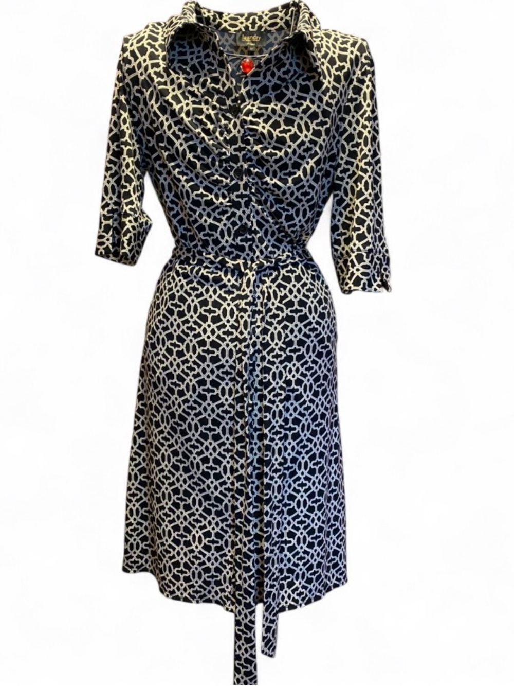 Laundry by Shelli Segal geometric belted button-down dress, womens size medium